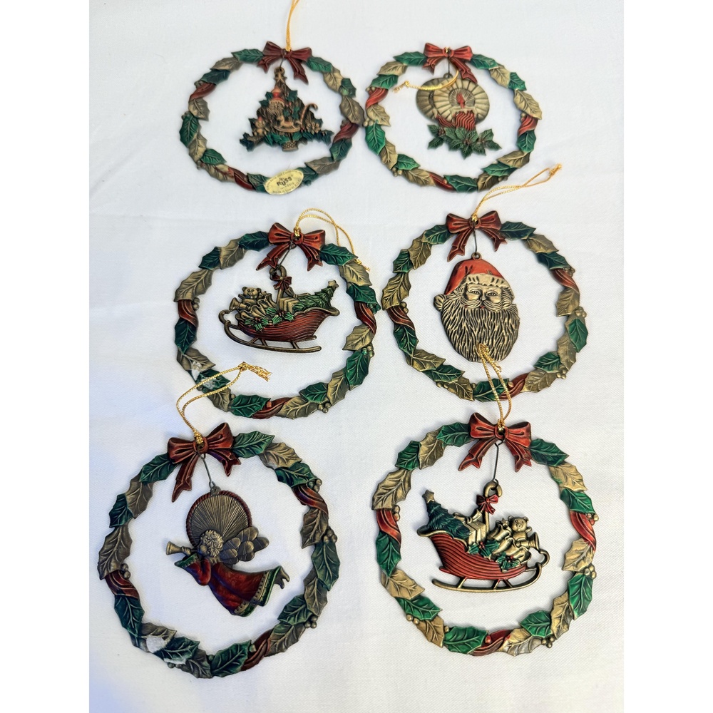 Russ Heirloom Vintage Brass Set Of 6 Holiday Motif Christmas Ornaments 2.75 In